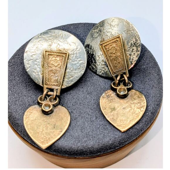Signed Marjorie Baer SF Mixed Metal Industrial Modern Heart Dangle Clip Earrings - Picture 1 of 5